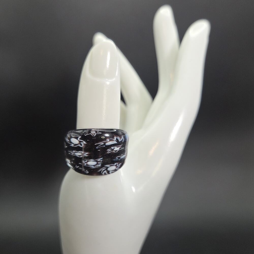 Millefiori Glass Ring Deep Purple White Flowers Murano Italian Hand Blown Sz 8